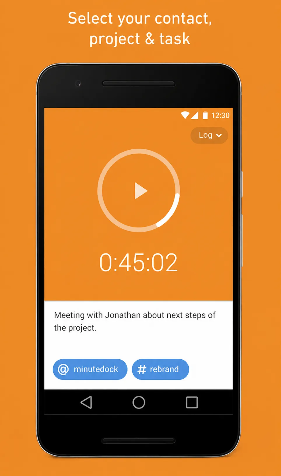 Selecting a contact, project, and task in the MinuteDock Android app