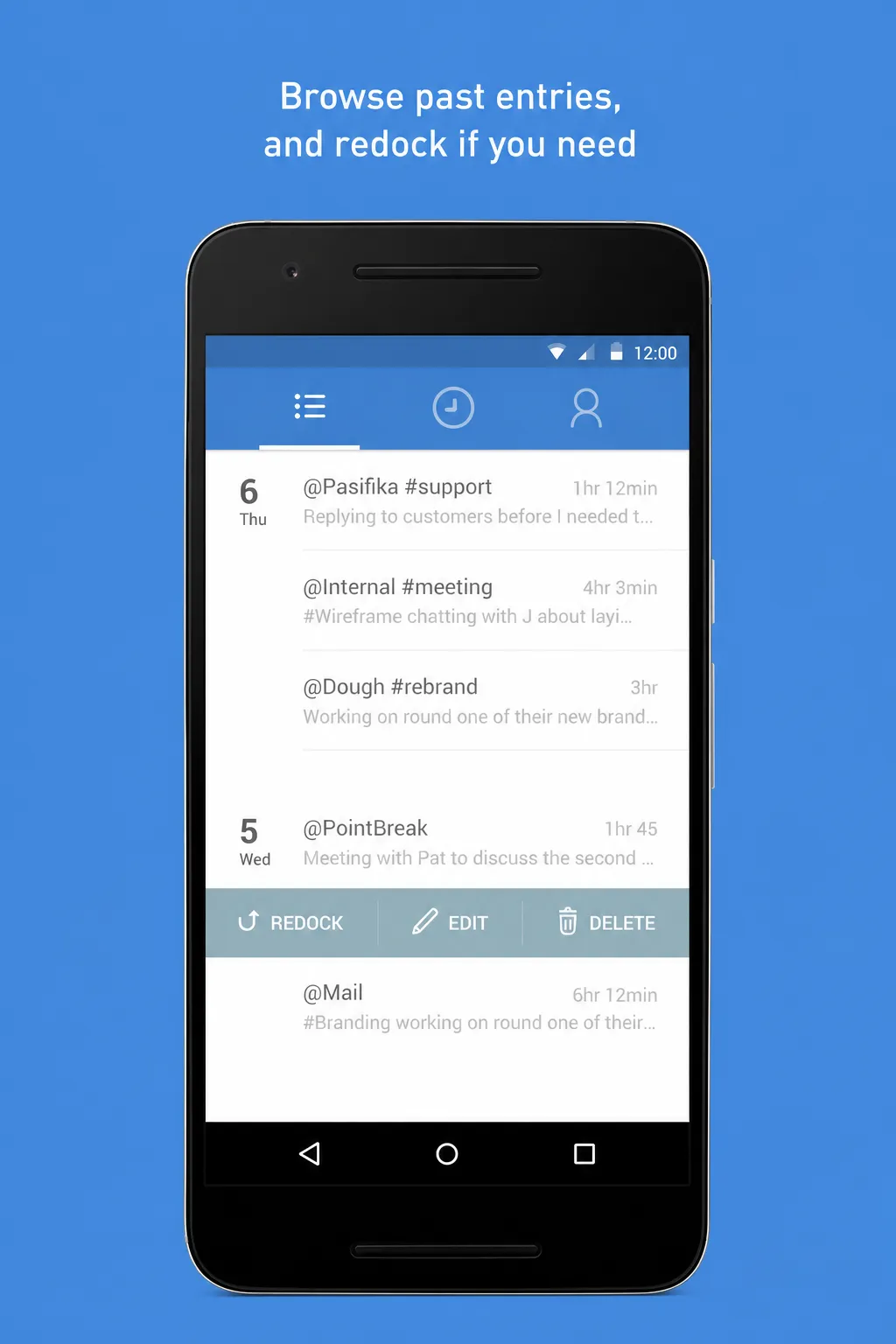 Browsing and editing past time entries in the MinuteDock Android app