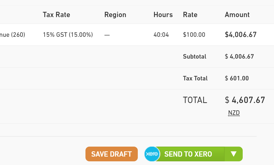 MinuteDock invoice totals with Save Draft and Send to Xero controls.