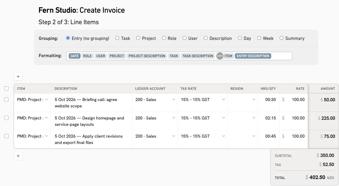 MinuteDock invoice builder showing client work, hours, rates and totals
