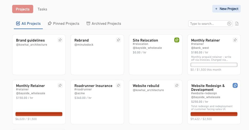 MinuteDock project cards showing retainer budgets and red warnings for projects over budget