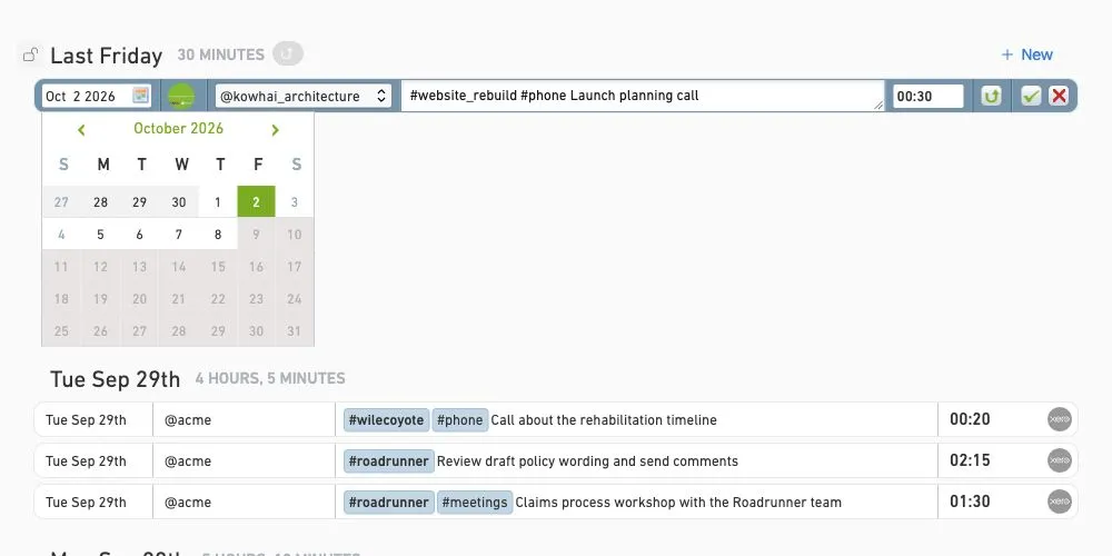MinuteDock’s time-entry editor with the duration field and calendar open to choose a date.