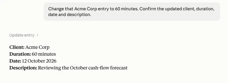 Claude updates the same Acme Corp entry to 60 minutes and confirms its client, date and description.