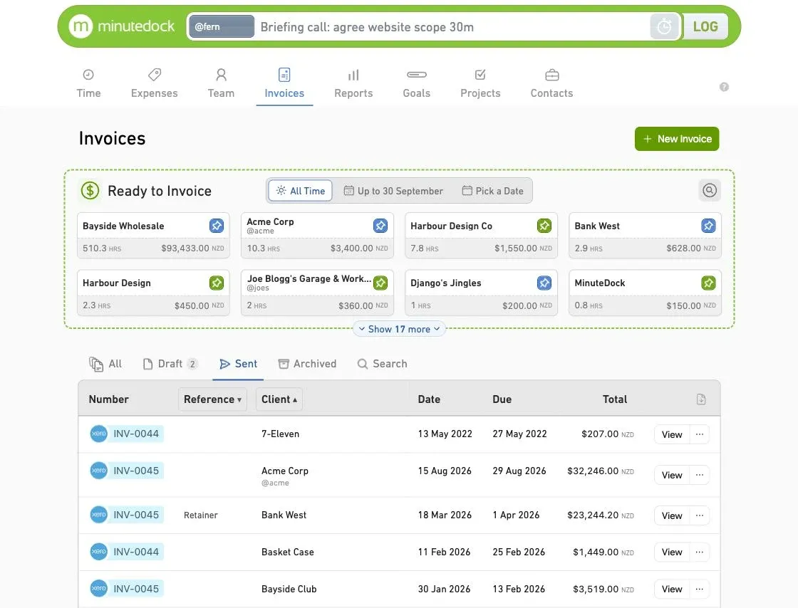 MinuteDock showing unbilled client hours and amounts available to invoice