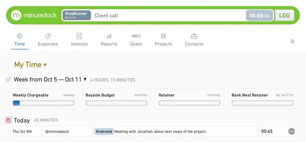 MinuteDock running a client-call timer, with a 45-minute meeting saved in the timesheet below.