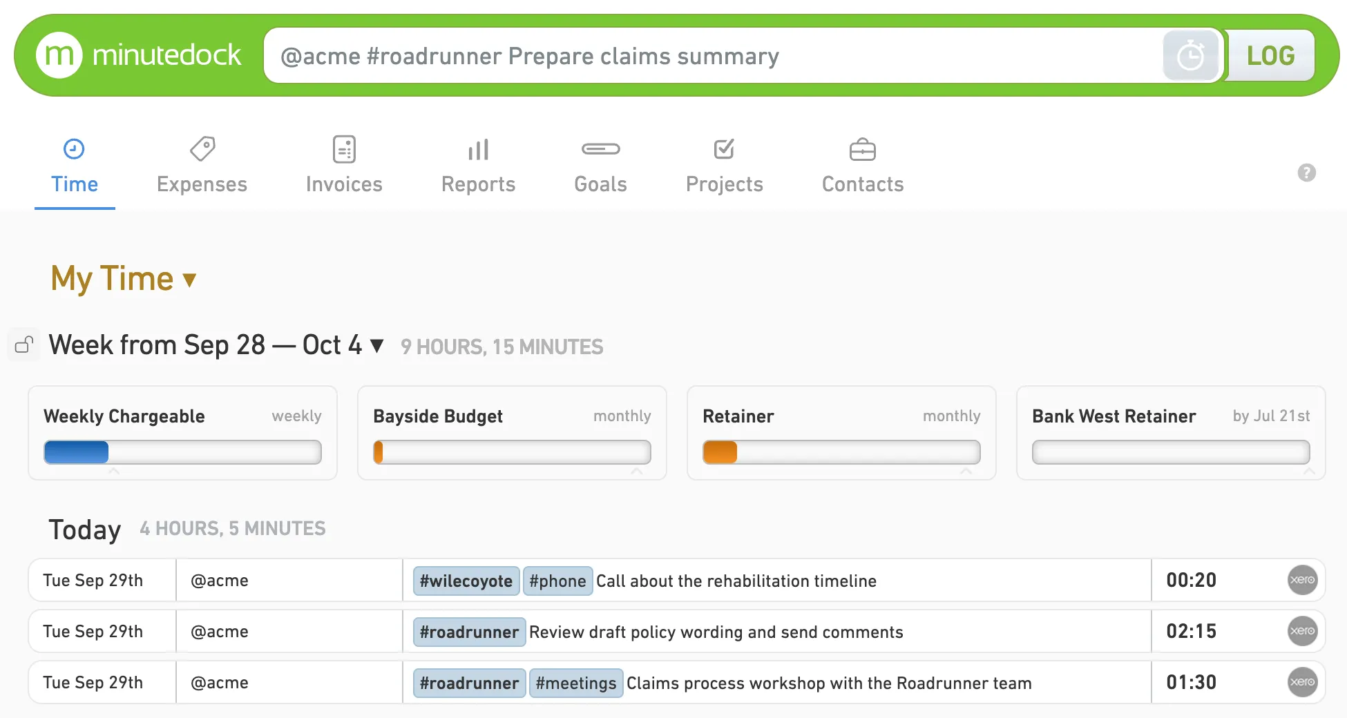 MinuteDock Time screen showing a client task in the Dock, budget summaries and three logged entries with descriptions and durations