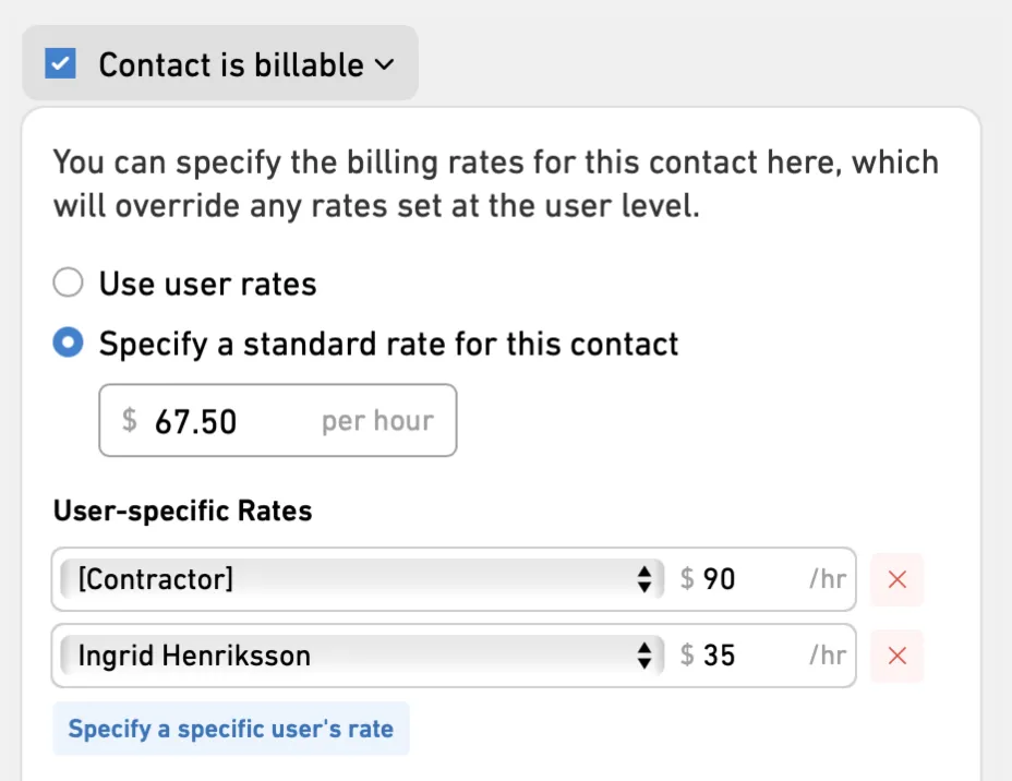 Setting standard and user-specific billing rates for a contact