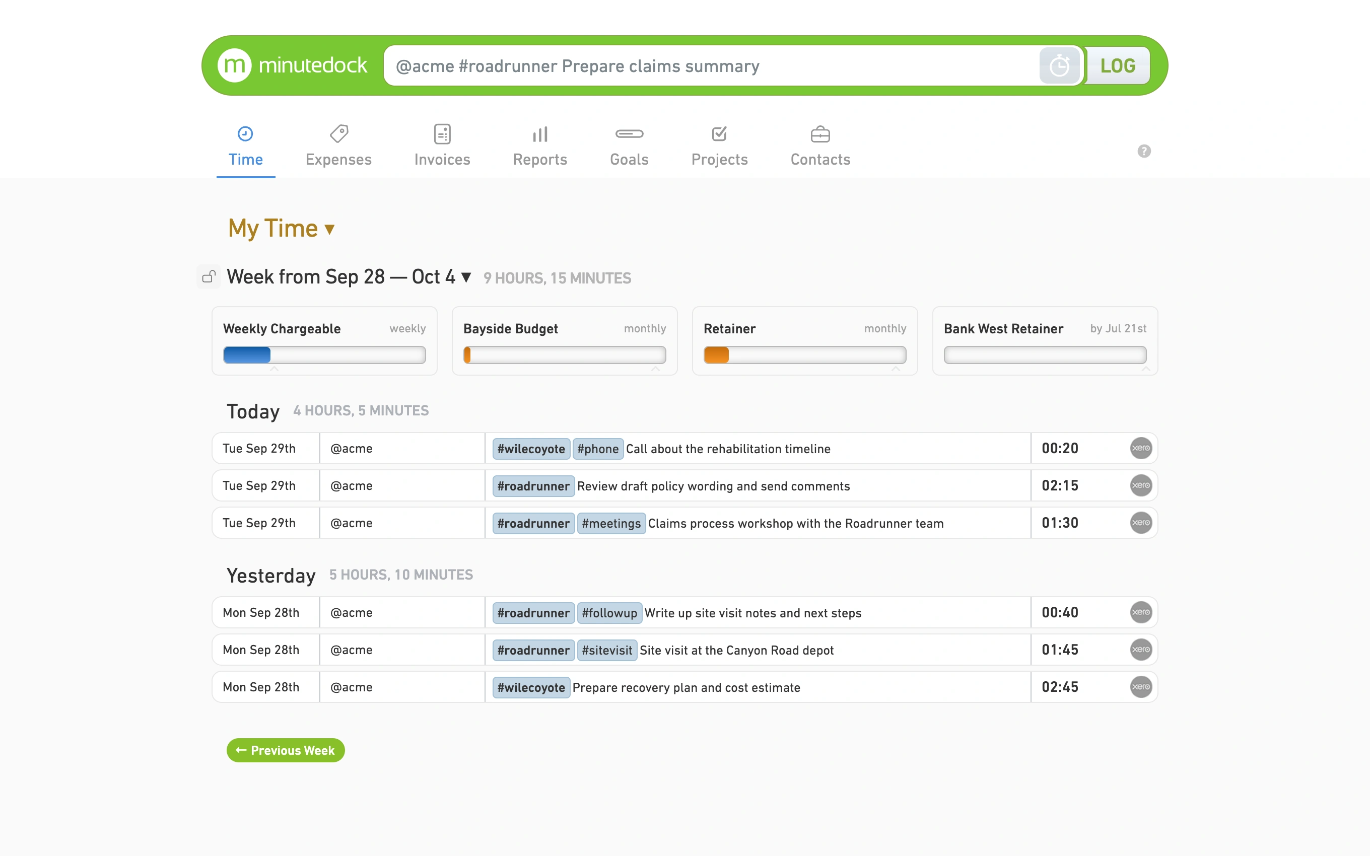 MinuteDock’s Time screen, with the timer, app navigation, project budget bars and a full week of logged client work.