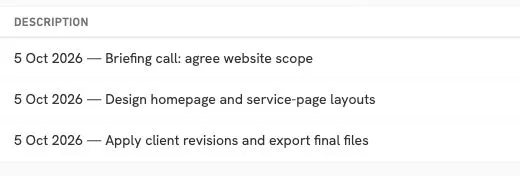 Invoice descriptions preserve the briefing, design and revision notes from the three time entries.