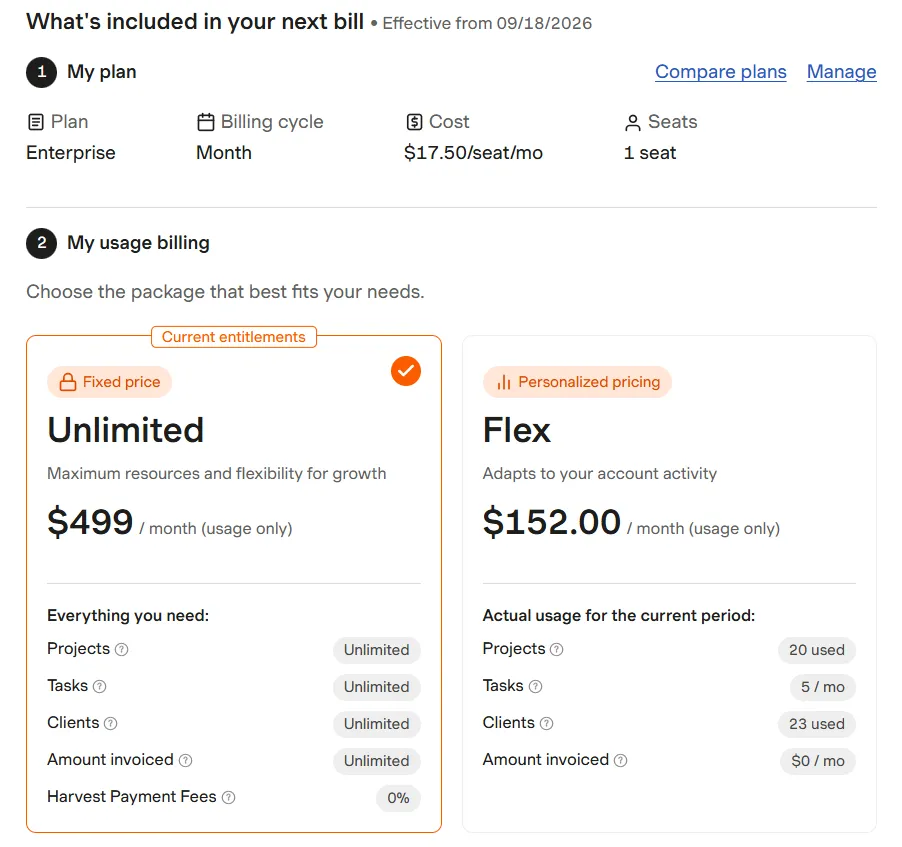 September 2026 Harvest quote: one Enterprise seat at $17.50, Unlimited usage at $499, and Flex usage at $152 for 20 projects, 5 tasks, 23 clients and no amount invoiced.