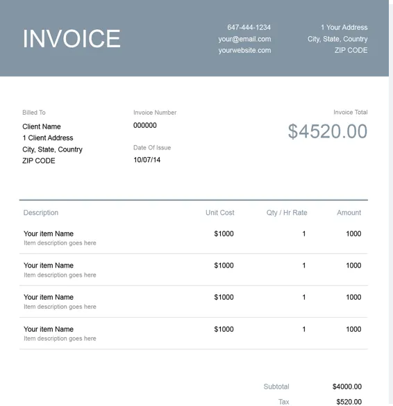 Sample hourly invoice template with client details, line items, and invoice total