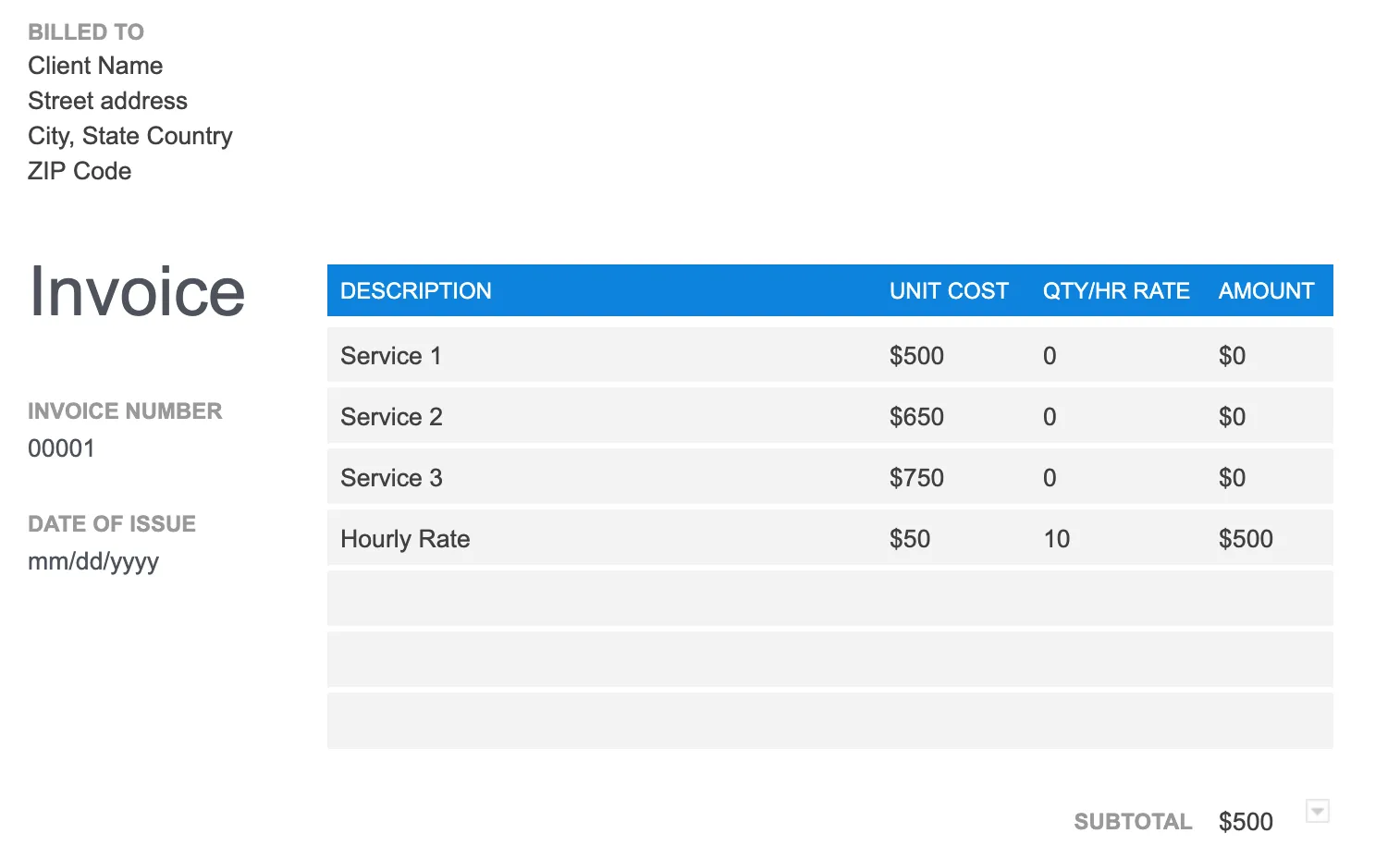 Sample invoice line items showing services and an hourly rate calculation