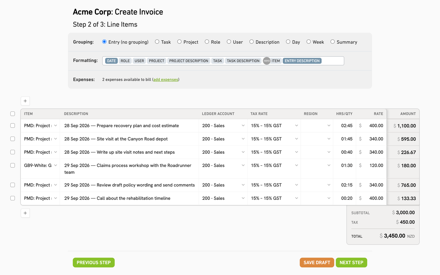 MinuteDock invoice builder with grouping, description formatting, editable invoice lines and billing rates.