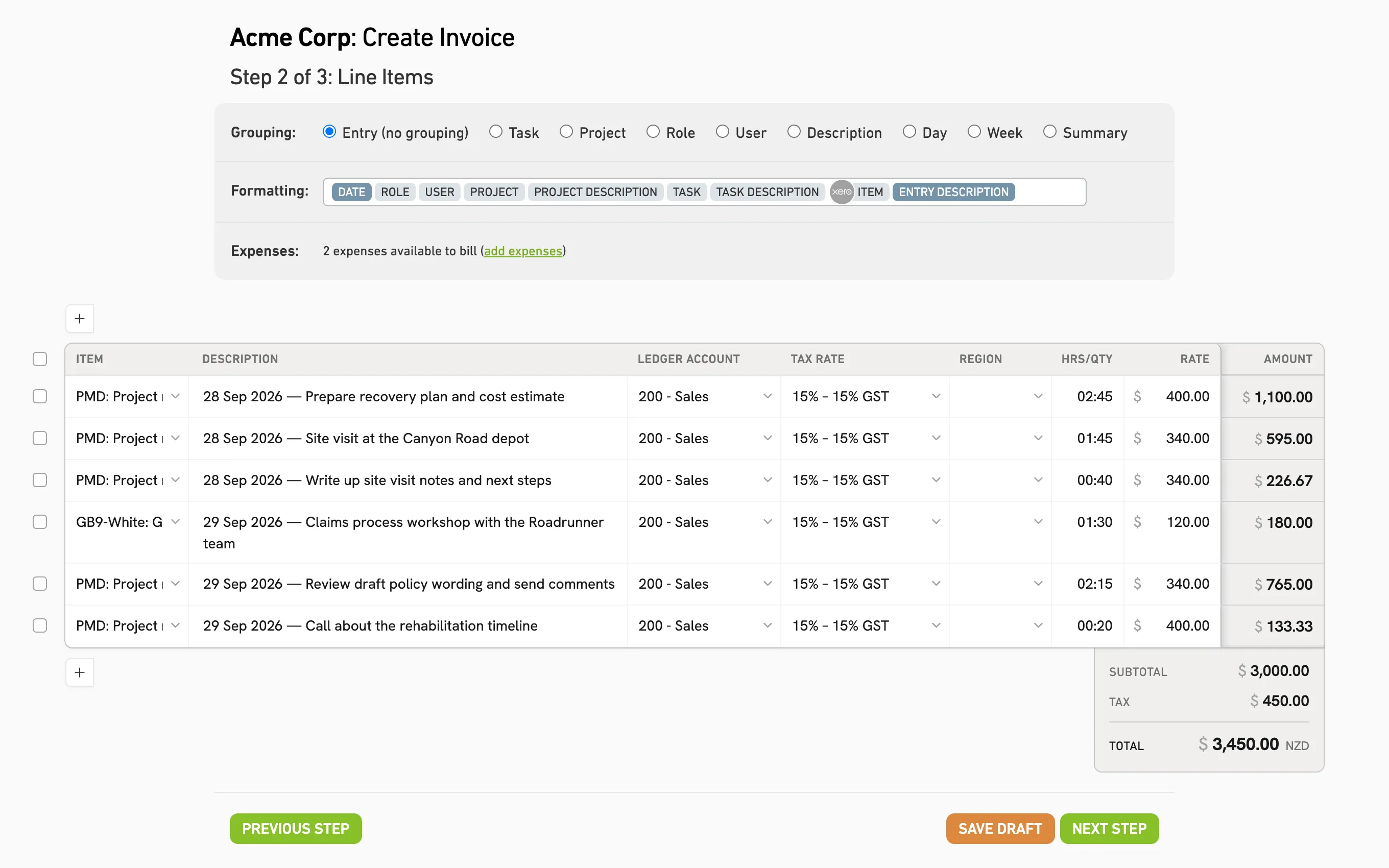 The MinuteDock invoice builder for Acme Corp, with one line per time entry, billing rates, GST and a $3,450 total.