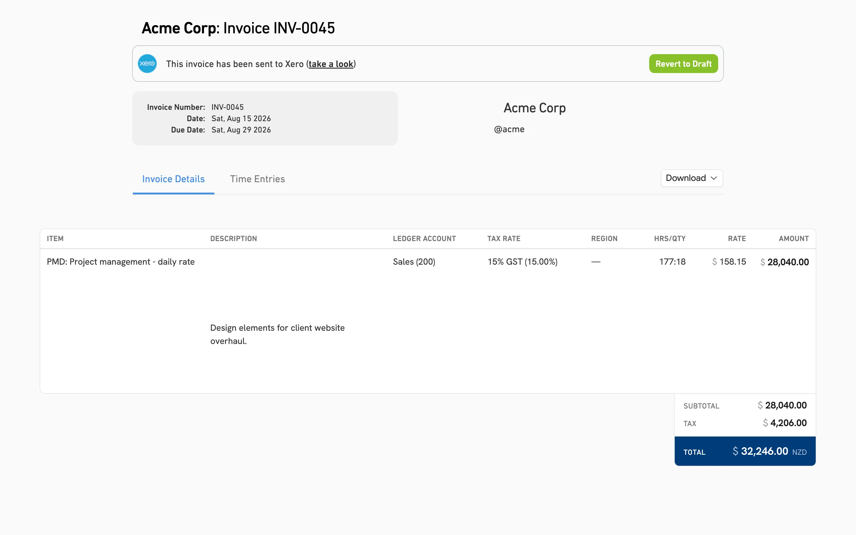 Acme Corp invoice in MinuteDock with the “This invoice has been sent to Xero” confirmation, invoice details and totals.
