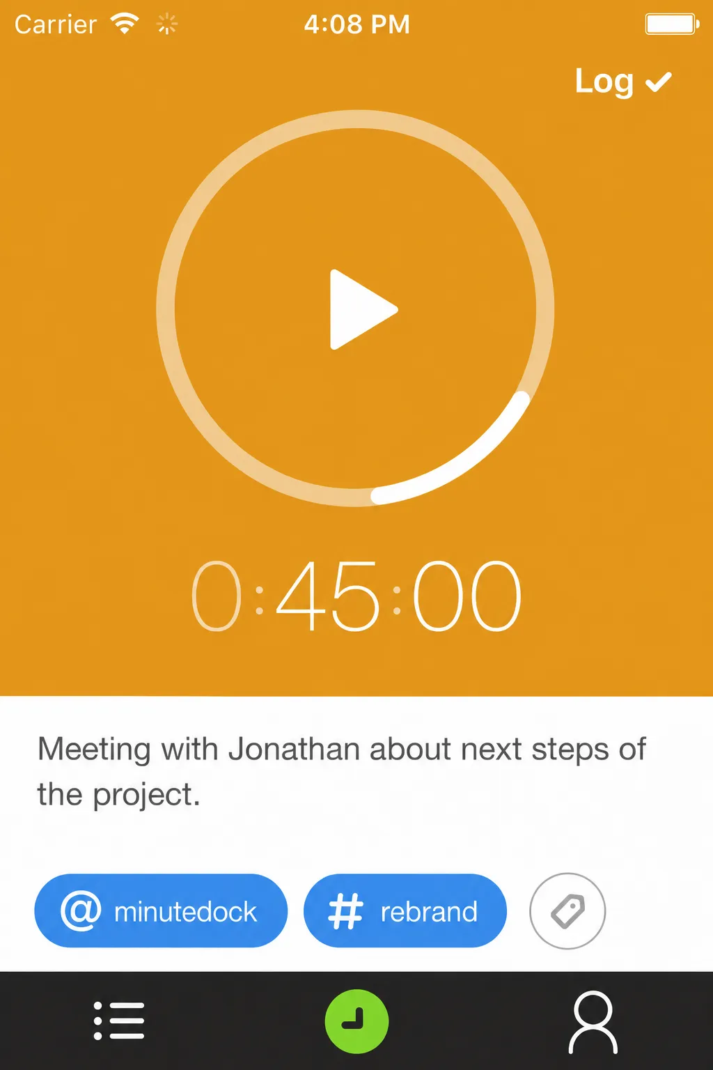 A 45-minute meeting with Jonathan assigned to client @minutedock and project #rebrand