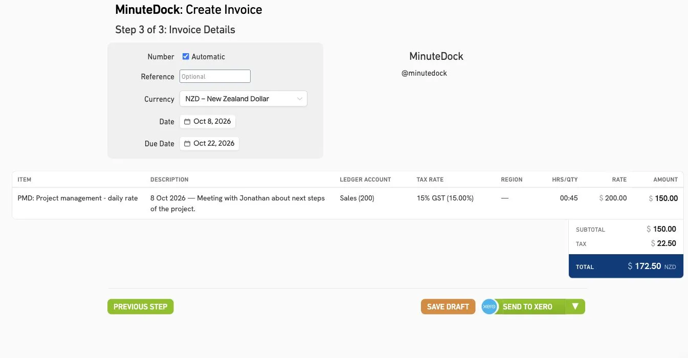 MinuteDock invoice preview with the 45-minute meeting with Jonathan, a $150 subtotal and $172.50 NZD total including GST, ready to send to Xero