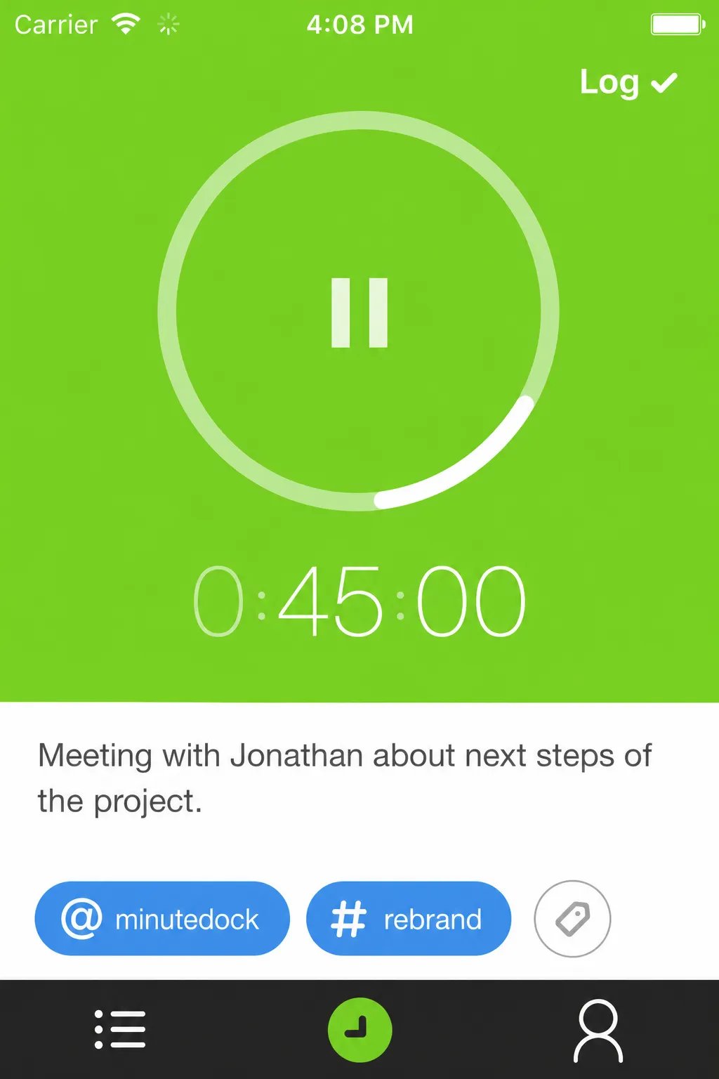 MinuteDock iPhone timer showing a 45-minute client meeting assigned to @minutedock and #rebrand