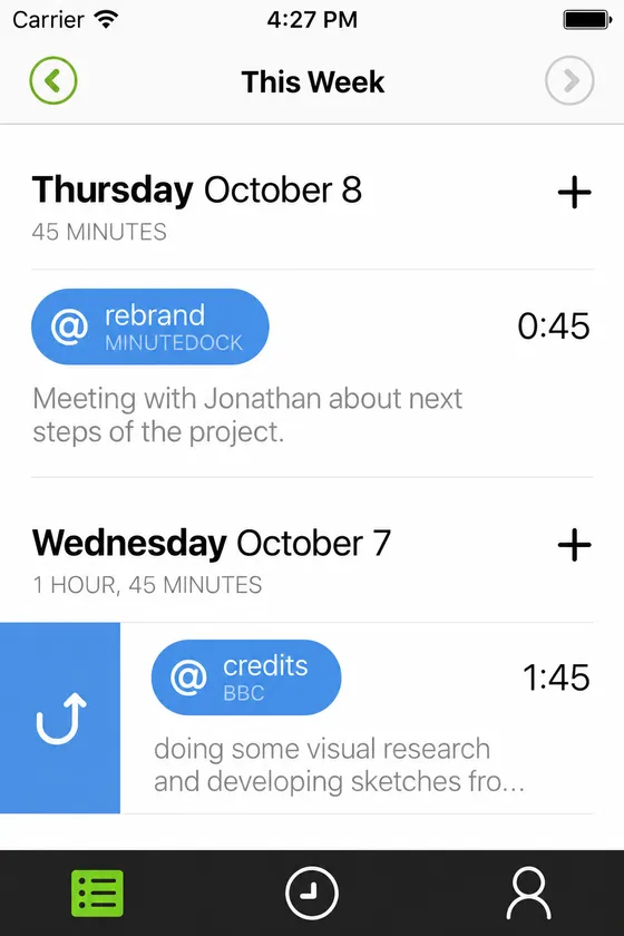 MinuteDock iPhone timesheet showing a 45-minute meeting, its client and project, and notes about the work.