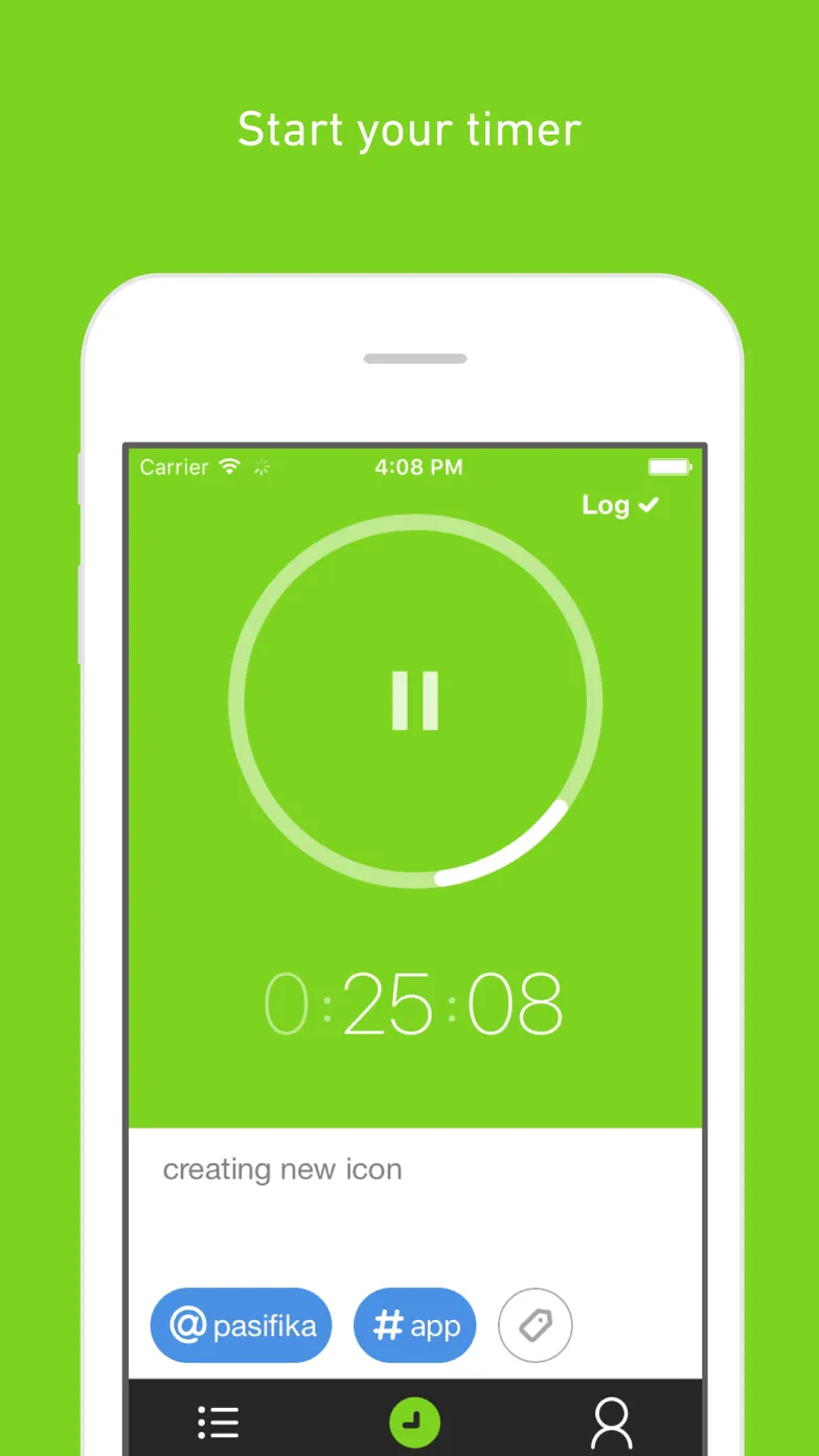 MinuteDock running timer on iPhone with a client and project selected