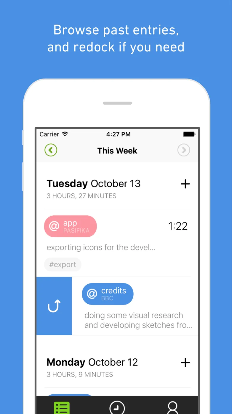 Reviewing and editing past time entries in the MinuteDock iPhone app