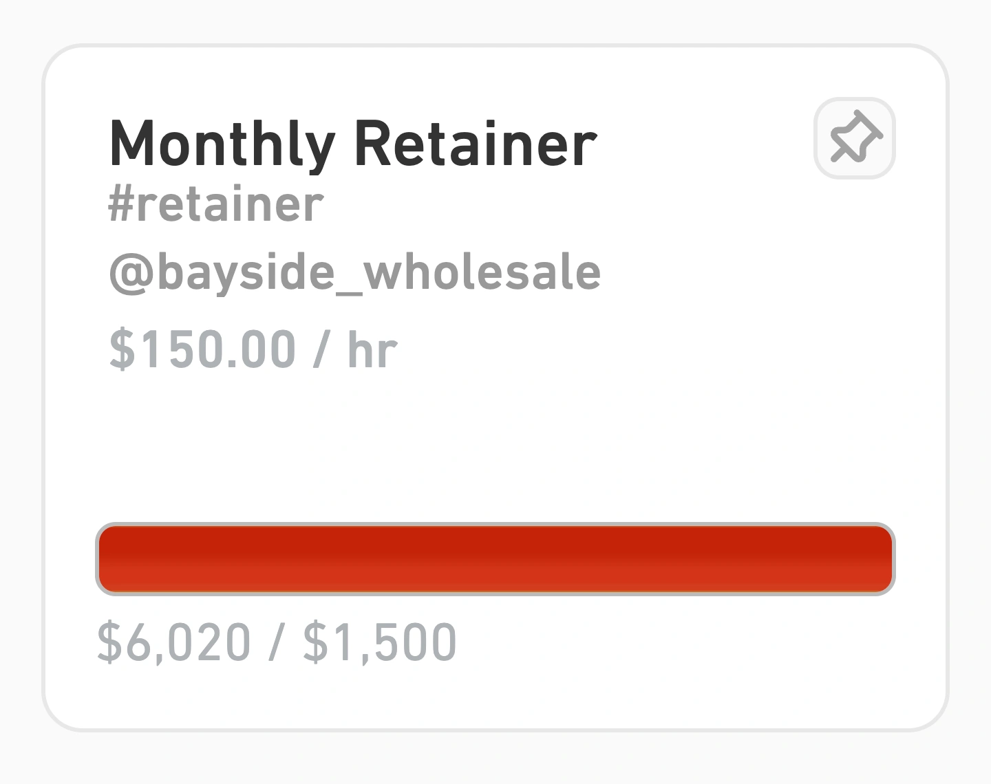 Bayside Wholesale’s Monthly Retainer, with a $150 hourly rate and $6,020 logged against its $1,500 budget.