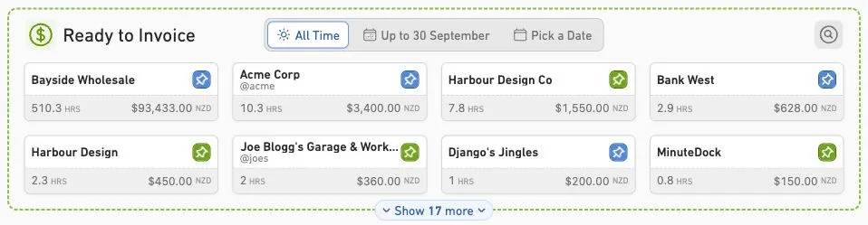 Ready to Invoice showing date filters and unbilled hours and amounts for eight clients.