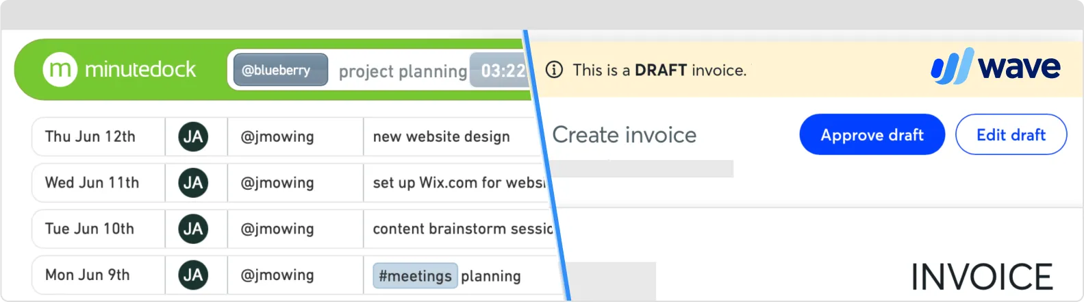 Tracked time in MinuteDock flowing into a Wave draft invoice