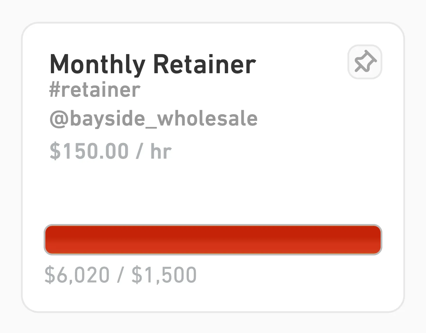 A Monthly Retainer for Bayside Wholesale showing $6,020 against a $1,500 budget, with a red progress bar.
