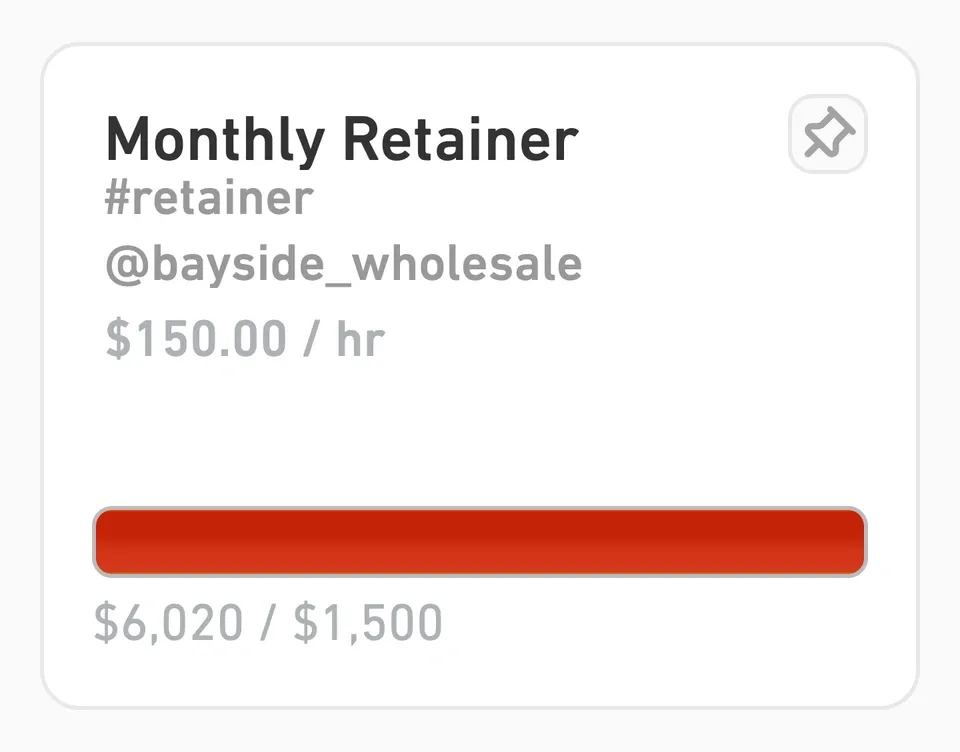 Monthly Retainer for Bayside Wholesale showing $6,020 against a $1,500 budget, with a red over-budget bar.