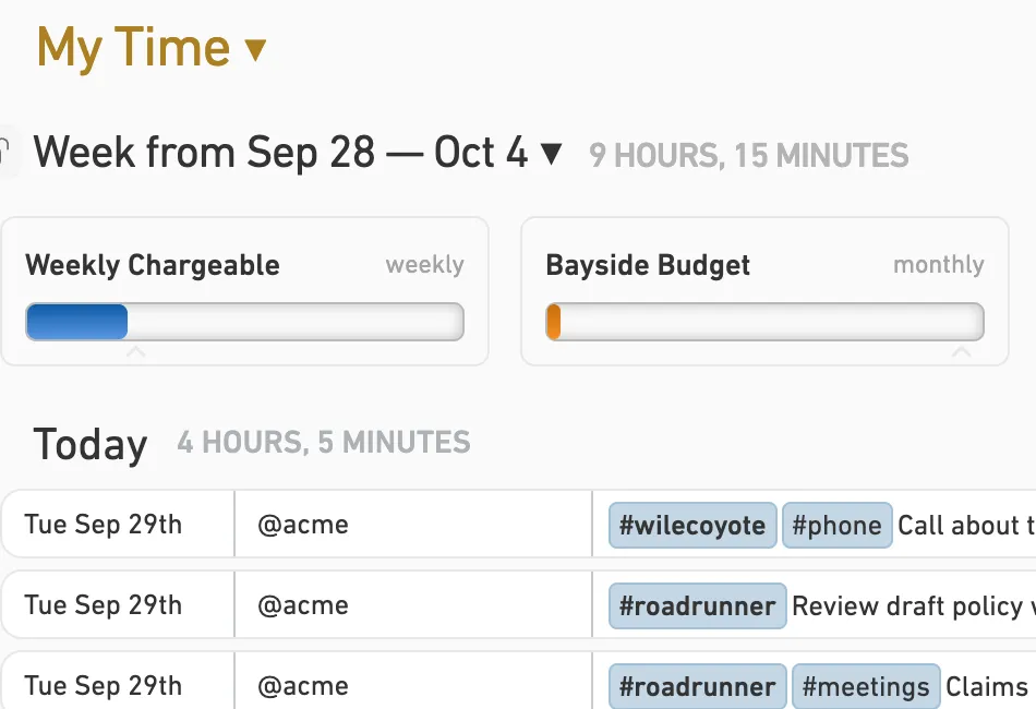 Detail of My Time showing a weekly chargeable goal and today's Acme Corp entries.