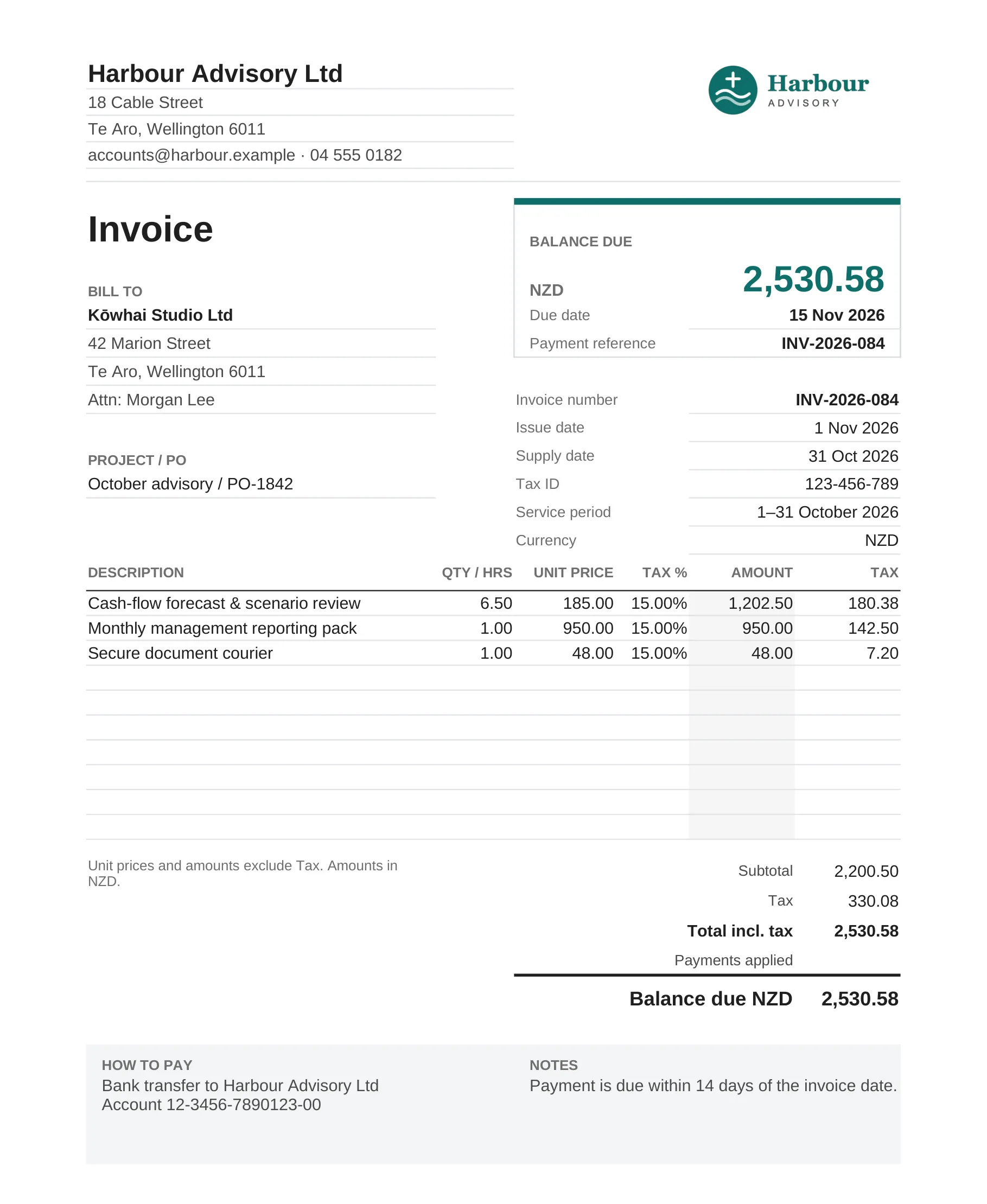 Filled invoice workbook for Harbour Advisory with its own logo and teal brand colour, a balance-due panel, hourly work, a fixed fee, expenses and tax.