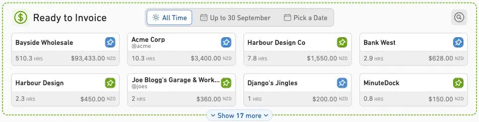 MinuteDock’s complete Ready to Invoice section, with date controls, eight client cards showing unbilled hours and amounts, and Show more.