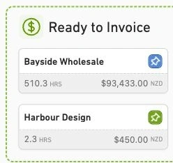 Ready to Invoice: Bayside Wholesale has 510.3 unbilled hours worth $93,433 NZD, and Harbour Design has 2.3 hours worth $450 NZD.