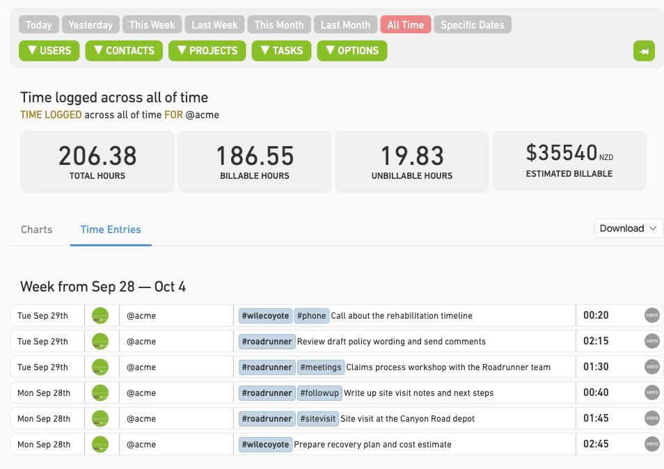 Acme report time entries showing dates, people, project tags, work descriptions and durations.
