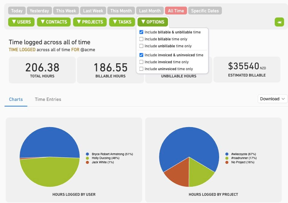 Close-up of MinuteDock report filters for billable, unbillable, invoiced and uninvoiced time.