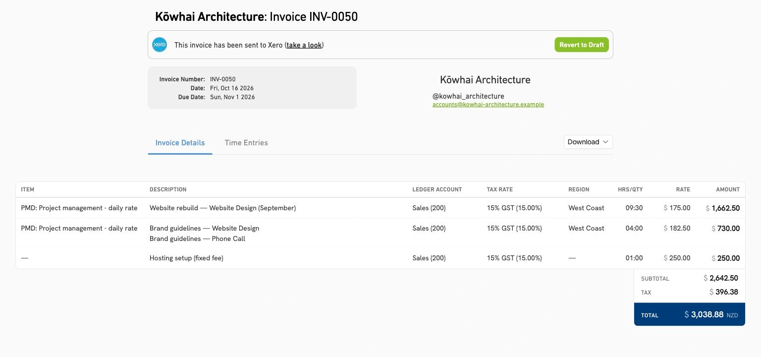 Client invoice with tracked hours, rates and line items sent to Xero