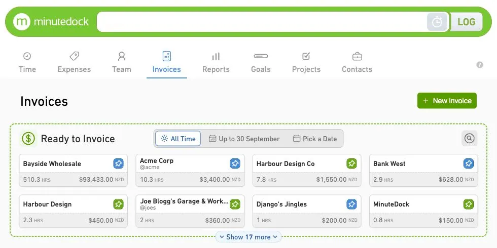 MinuteDock showing unbilled hours and value by client, ready to invoice