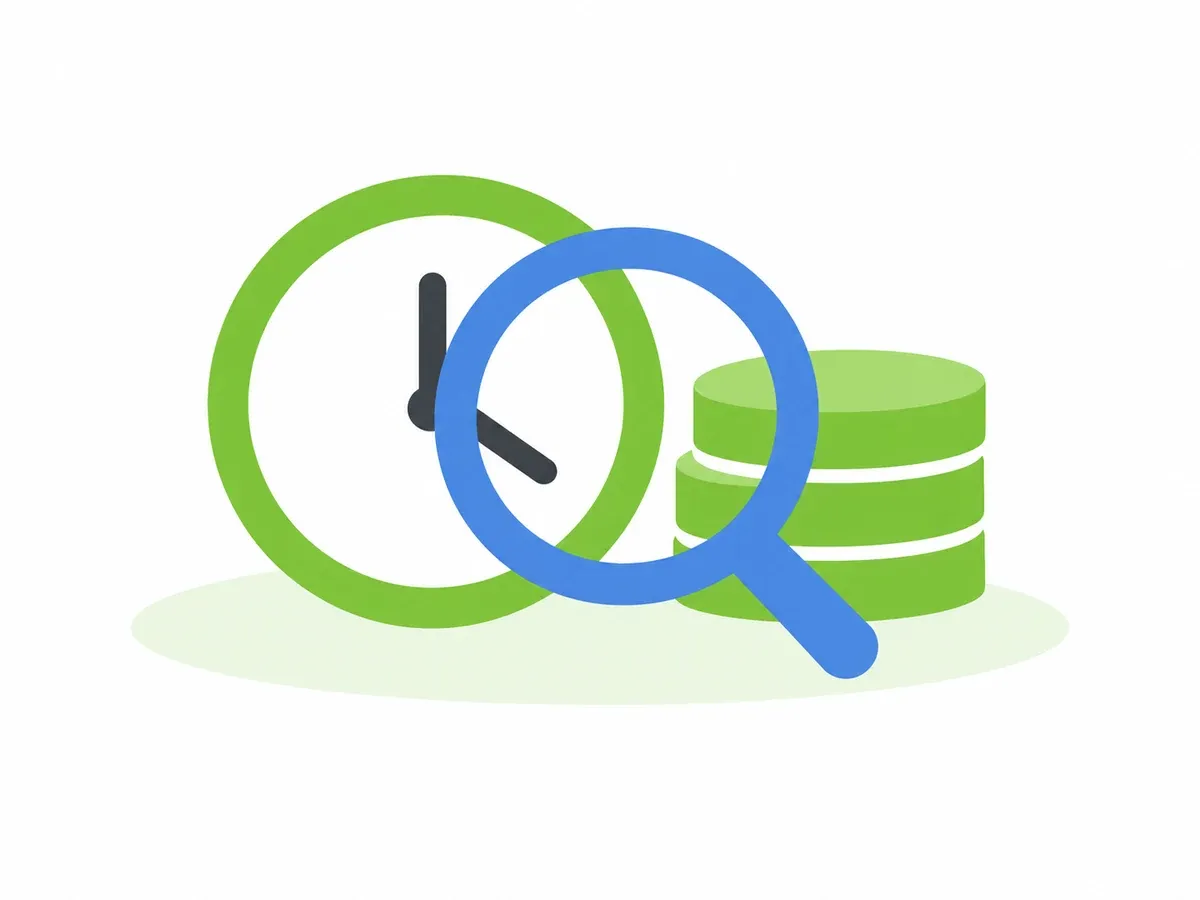 A magnifying glass over a clock and coins, representing a review of unbilled time and value.