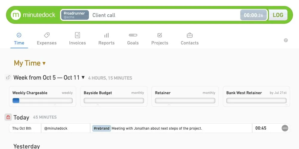 MinuteDock showing a running client-call timer, project budgets and a logged time entry.