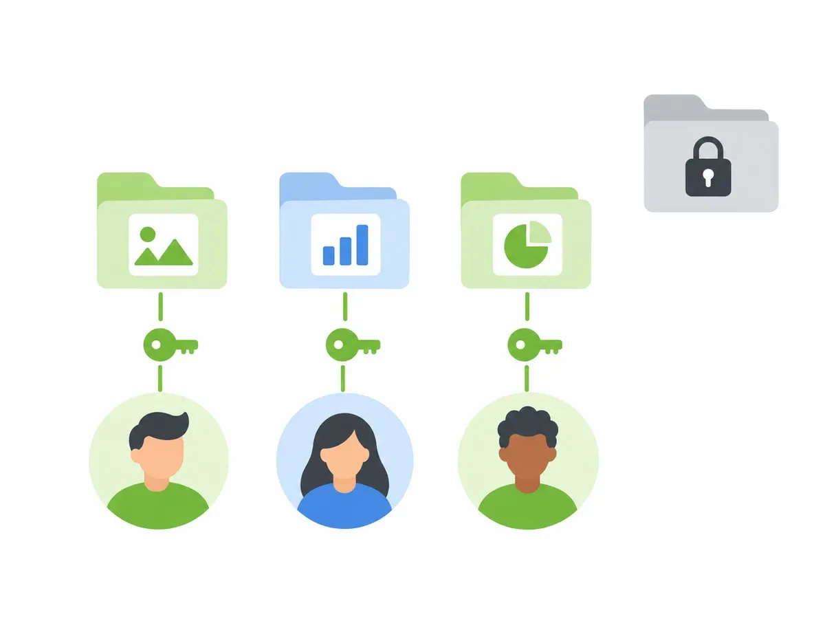 Team members with keys to their assigned client folders; private work stays locked.