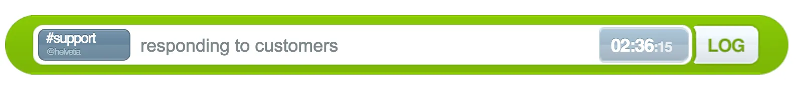 MinuteDock timer bar logging time to a #support task with a running clock and a Log button