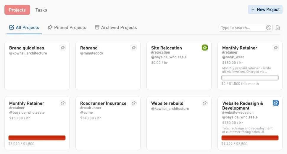MinuteDock projects showing retainer and project budgets against billable value