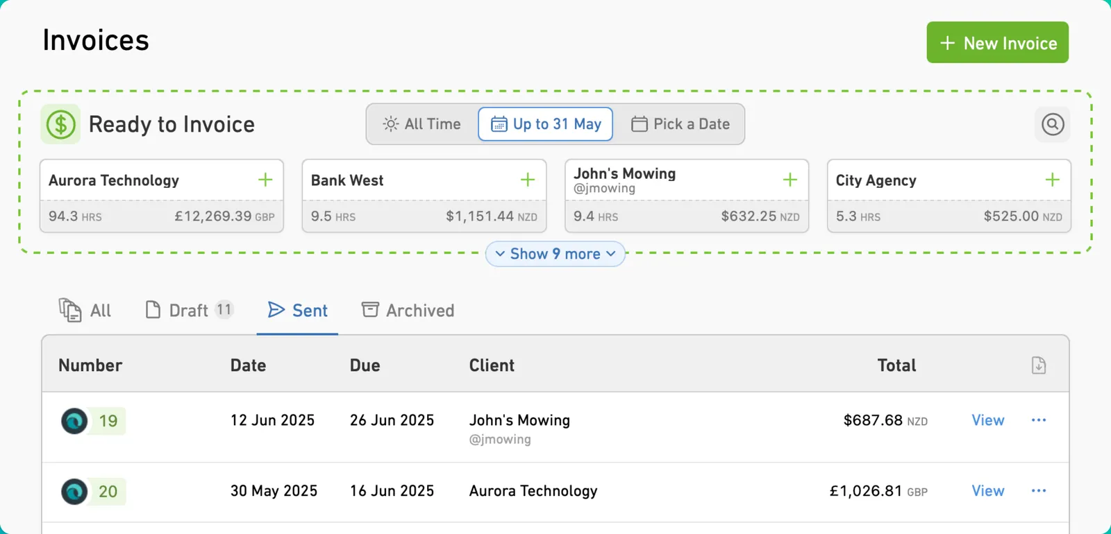 MinuteDock Invoices overview with Ready to Invoice client cards, All, Draft, Sent and Archived tabs, and a list of sent invoices.